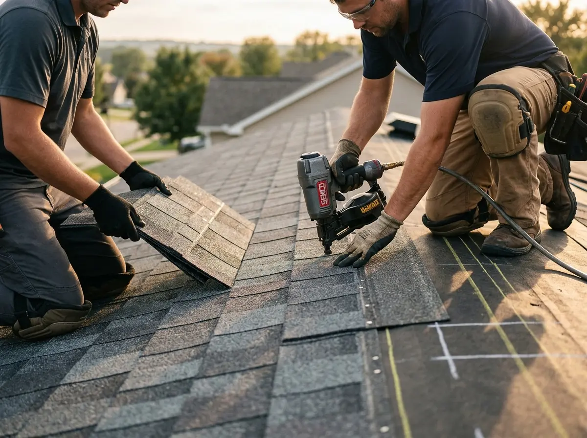 Professional roofer working on a residential roof in Bull Mountain
